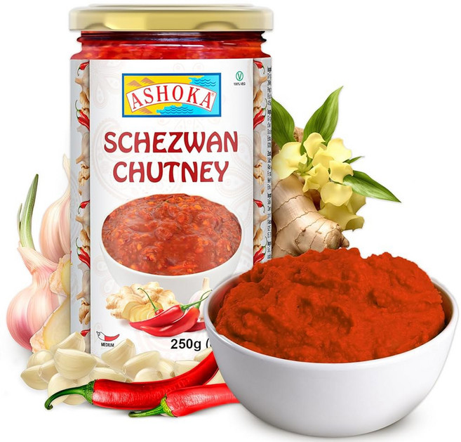 아쇼카 미디엄 향신료 파코라 처트니 | 타마린드 그린 칠리 & 진저로 제작 정통 인도 레시피, Schezwan Chutney, 250 Grams (Pack of 2), 250g