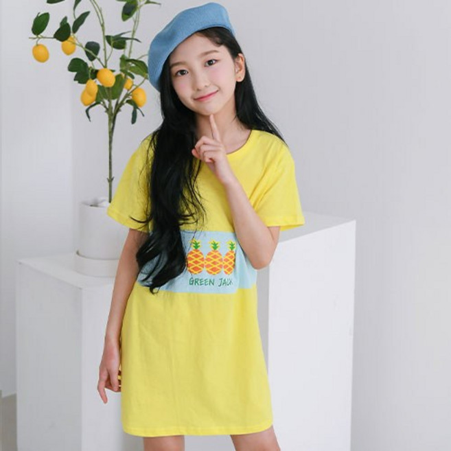 잭키드 여아용 통기성 파인애플 반팔 롱 라운드 티셔츠
