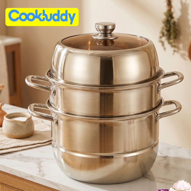 CookBuddy 스텐 찜기 3단 업소용 가정용 인덕션 만두 찜기 냄비, 1개, 32cm