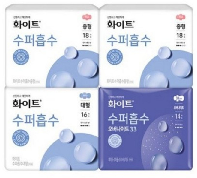 화이트 수퍼흡수 울트라슬림 생리대 날개형 중형 18p x 2팩 + 대형 16p + 오버나이트 14p, 1세트, 중형, 대형, 오버나이트