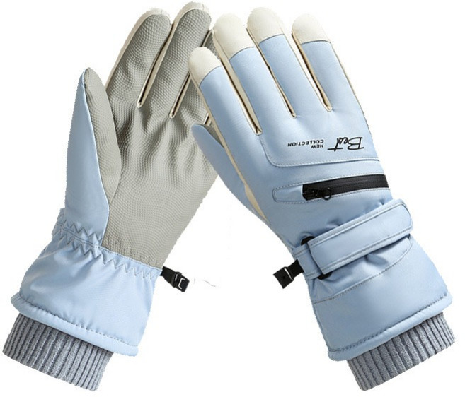 滑雪手套 加絨內裏 保暖手套 防風防水手套 多色可選, 淺藍色-女款, 1套