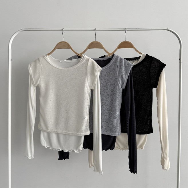 바이어스 여성 봄신상 레이어드 반팔크롭 긴팔 티셔츠 세트