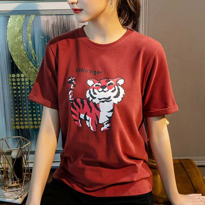 데일로엔 여성용 작은 호랑이 프린팅 little tiger 라운드 기본티셔츠