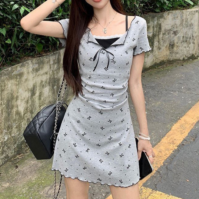 cammello 작은 리본 패턴 레이어드 반팔 미니 롱 원피스 기장 골지 드레스