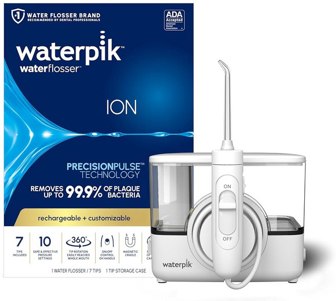 워터픽 이온 프로페셔널 물 치실 치아 잇몸 교정기용 충전식 및 휴대용 10가지 설정 여러 사용자와 필요에 맞는 7가지 치실 팁 ADA 승인 WF-12 화이트 포장은, White, 1개, White