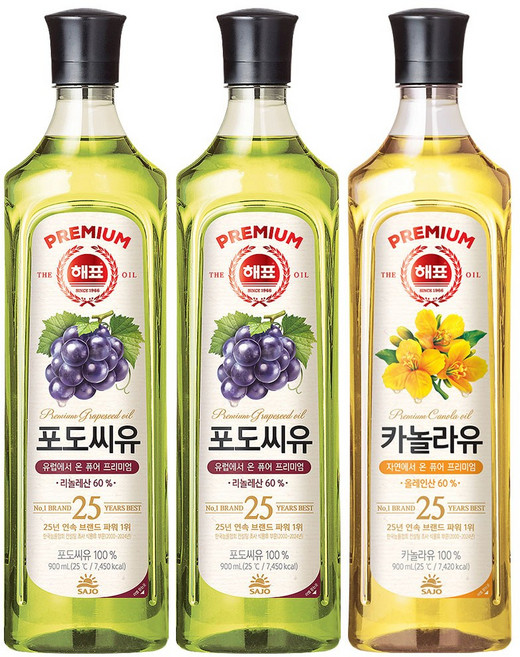해표 포도씨유 900ml 2개 + 카놀라유 900ml 1개, 2.7L, 1세트