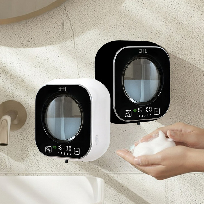 삼플라 벽걸이형 자동 핸드워시 디스펜서 거품타입 손세정기 대용량 충전식 스마트 센서 소프트버블 거품비누 거품형 거품 펌프용기 무타공 손세정제 화장실 주방 싱크대 욕실 세면대 샴푸, 화이트, 1개