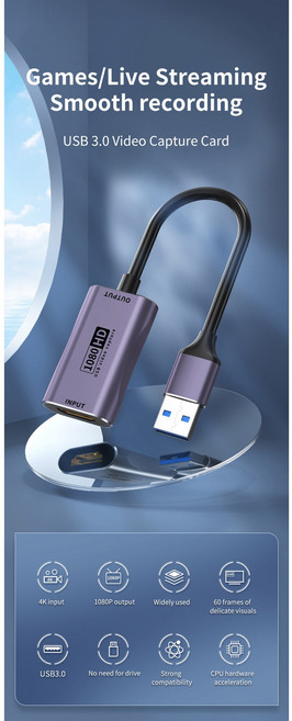 전화 태블릿 프로젝터 캠코더 미니 HDMI 호환 어댑터 케이블 Vlog Filmmaker DSLR 카메라 용 4K 비디오 캡처 카드, USB3.0 Capture Only, 1개
