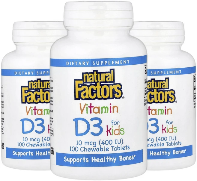 내추럴팩터스 Natural Factors 유아 어린이 키즈 비타민 D3 10mcg 400IU 딸기맛 100츄어블정 3개 콜레칼시페롤 Cholecalciferol, 100정 - 쿠팡
