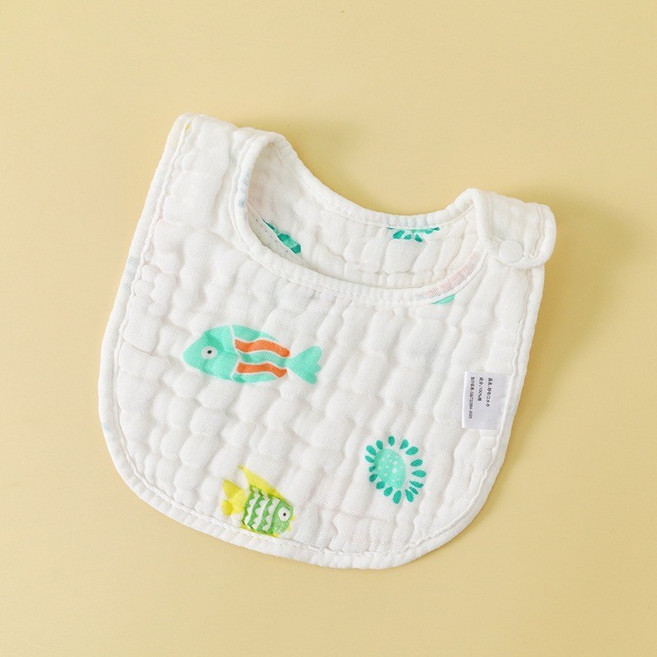 樂仔小舖 嬰兒八層紗布圍兜 純棉透氣U型口水巾 新生兒0-2歲適用 多功能親膚舒適, 1個, 可愛小魚 適合0-2歲 ,1入 新生兒必備, 1