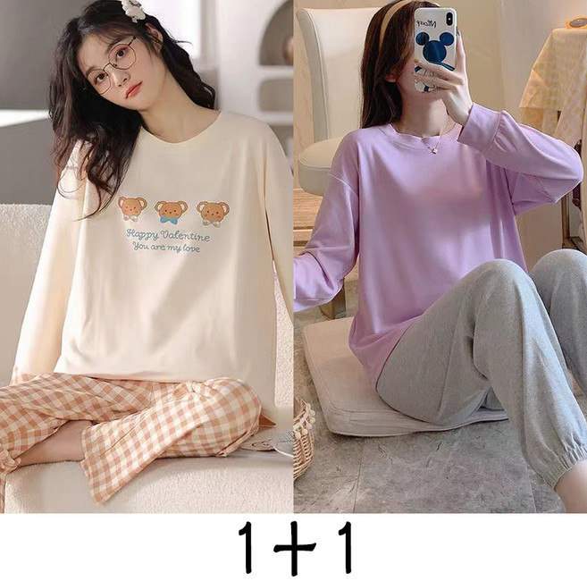 1+1 여성 실내복 세트 캐주얼 봄 가을 패션 잠옷 파자마 세트 데일리 여자 홈웨어 상하의 세트 LPC