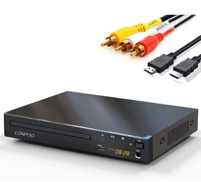 TV용 DVD 플레이어 HDMI LONPOO Compact Multi Region CD 디스크 플레이어풀 HD 화질 AntiSkip No Picture Freeze Noise, 1개