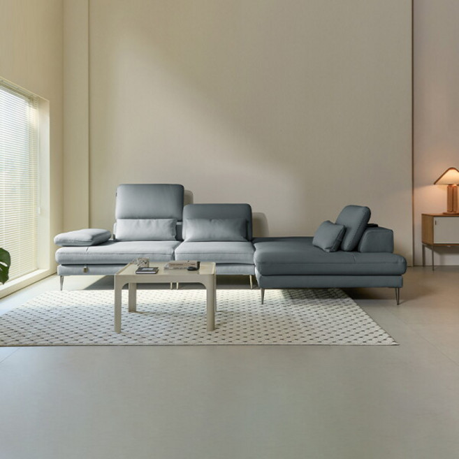 [다우닝] 모션 4인 오픈코너 쿼드 스윙 전체 천연가죽 소파, 색상:파스텔블루 / 방향:좌형