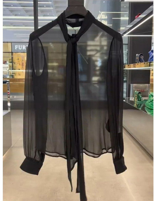블라우스 시스루 블랙 얇은 셔츠 고급 장식 여리여리한 드뮤어룩 섹시룩 여름 럭셔리 검은색 S