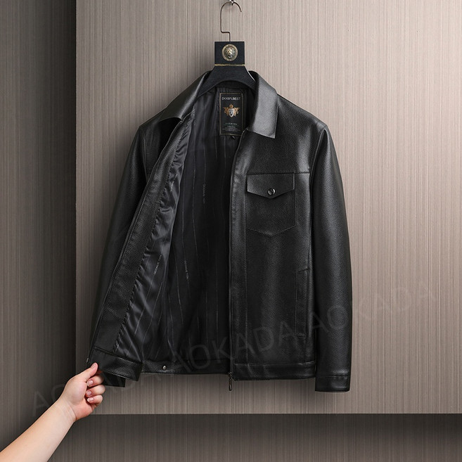 AOKADA 남성 봄 가을 PU 가죽 카라넥 집업 캐주얼 자켓