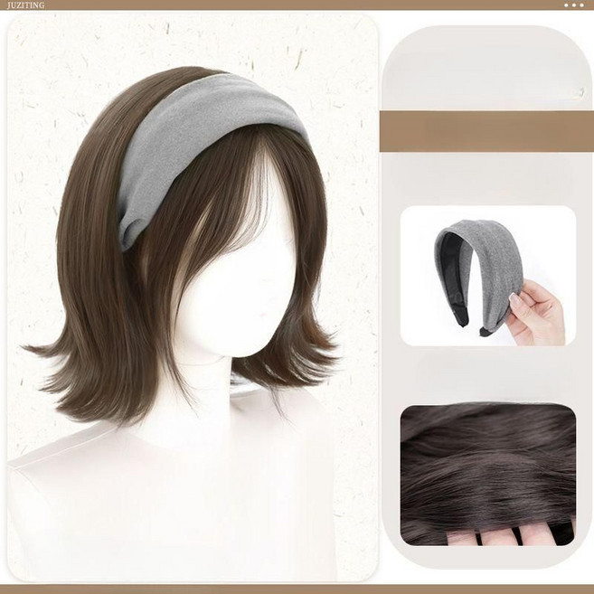 티류엣스 여성용 헤어밴드 가발 일체형 가을 겨울 앰버 컬러 아웃컬 숏웨이브 통가발 모자 스타일 Z0407, 1개, 그레이헤어밴드-쿨브라운