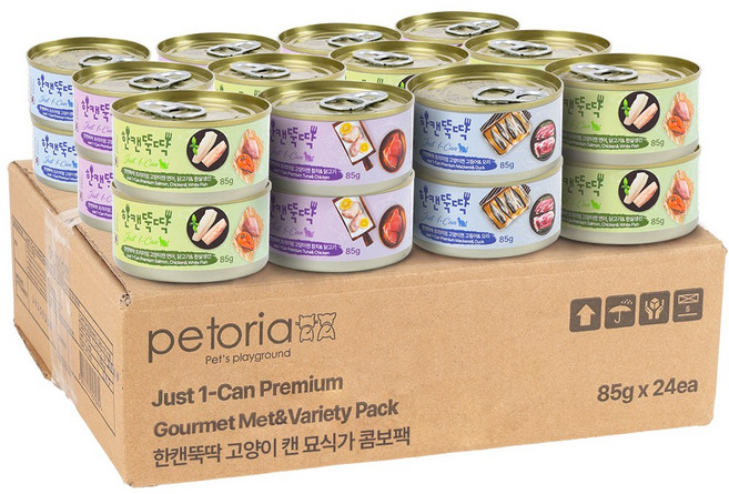 펫토리아 한캔뚝딱 고양이 혼합 3종 습식 간식 캔, 24개, 85g, 묘식가 혼합맛(연어/닭고기/참치/고등어/오리)