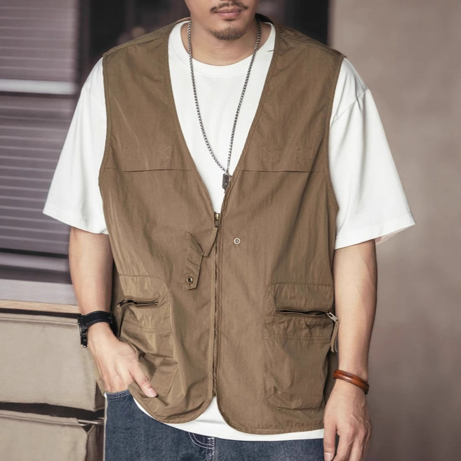 HANLIN 여름 남성 민소매 자외선 차단 베스트 멀티포켓 카고 베스트 빅사이즈 브이넥 아웃도어 지퍼포켓 조끼 K6121