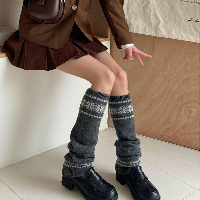 젬버트 빈티지 여성 눈꽃 패턴 두툼 울혼방 레그워머 발토시