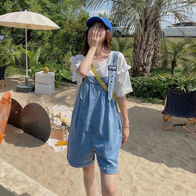 여성용 데일리 루즈핏 청 점프슈트 와이드 데님 멜빵 반바지