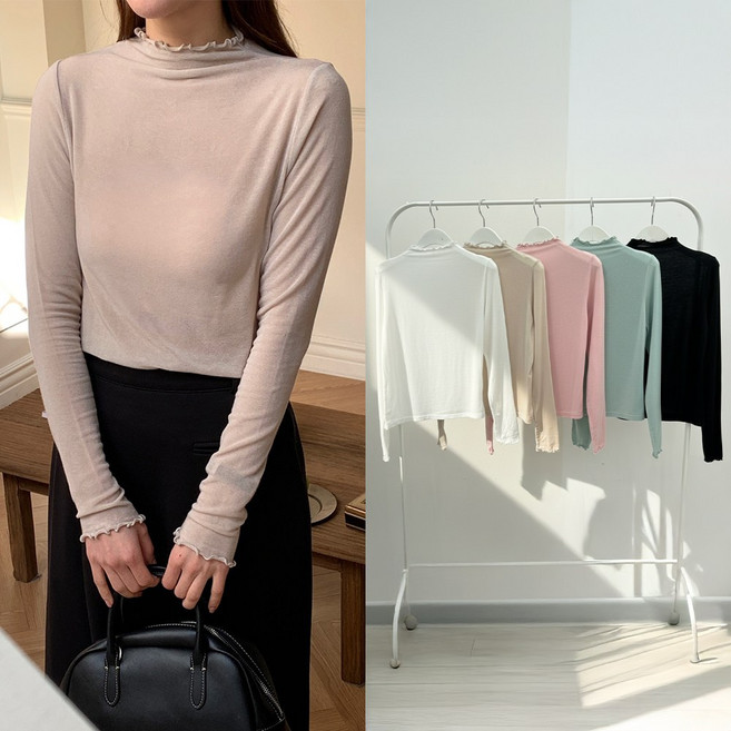 뮤앤뮤즈 [55-77] 텐셀 스판 여리 시스루 물결 티셔츠 얇은 폴라티 레이어드 프릴 목폴라