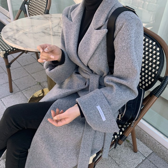 라우드 여성용 루즈핏 오버핏 모직 윈터데이 벨트 스트랩 롱 더블코트