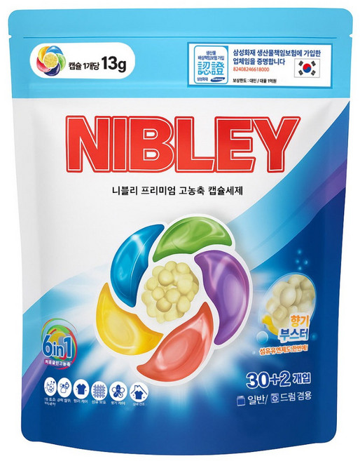 니블리 올인원 고농축 캡슐세제 섬유유연제까지 한번에 드럼 일반 겸용 국내생산, 1개, 32개입