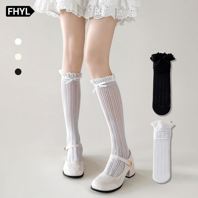 프릴 레이스 양말 시스루 봄 여름 무지 중목 종아리 양말 2켤레