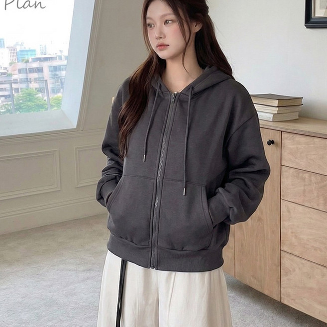 여성용 기모안감 후드 무지 집업 데일리 아우터 점퍼