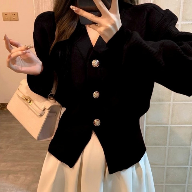 아이엠몽 여성 브이넥 퍼프 니트 니트 가디건