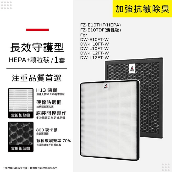 蟎著媽 適用 SHARP 夏普 DW-E10FT-W DW-H10FT-W DW-H12FT-W DW-L12FT 除濕機 濾網, 1個, 長效型-集塵HEPA+除臭顆粒碳/各一片, E10HEPA-TW*1+E10CA-TW*1