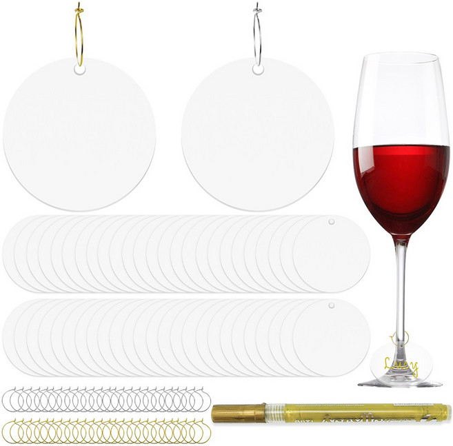 50개 투명 아크릴 디스크 50 * 50mm 와인 잔 펜던트 아크릴 키 체인 블랭크 아크릴 투명 원 샴페인 잔 이름표 DIY 와인 잔 마커, 1개