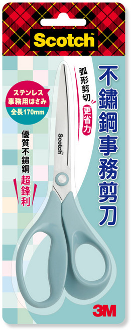 3M Scotch SS-AS6.5 不鏽鋼事務剪刀 薄荷綠 180mm 弧形刀刃 省力設計 辦公文具, 1支