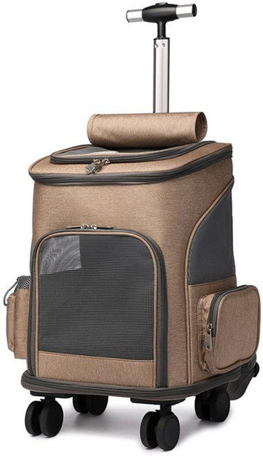 강아지 고양이 이동 가방 백팩 케리어 바퀴 애완동물 트롤리 박스, 카키, 1개