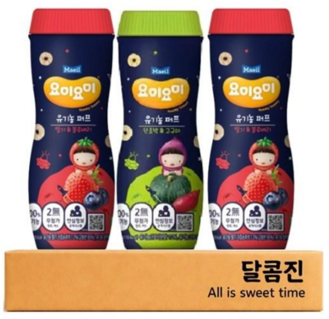 [달콤진] 매일유업 요미요미 유기농퍼프 딸기&블루베리 2개 + 단호박&고구마 1개, 딸기&블루베리 / 단호박 & 고구마, 42g, 1세트