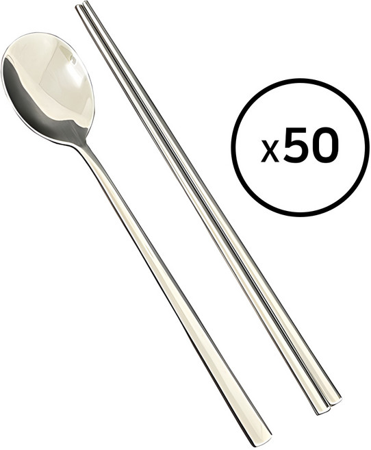 업소용 스텐 민무늬 수저세트 50개, 실버, 숟가락+젓가락 세트
