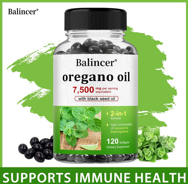 오레가노 오일 보충제 7 500mg 블랙씨 오일 함유로 면역력 강화 카바크롤과 티몰 함유 - Non-GMO, 1개, 60회분