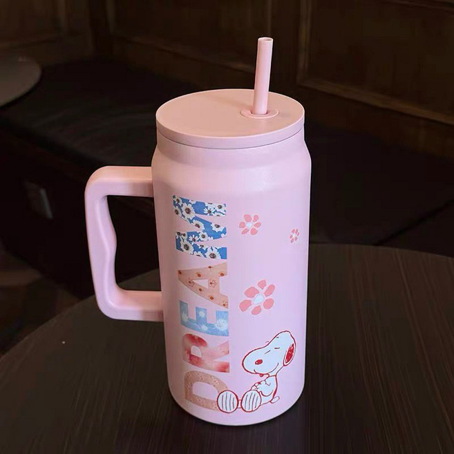 GOYES 캐릭터 스누피 도안 텀블러 대용량 보온 보냉병 빨대 텀블러, 1개, 1500ml, 핑크