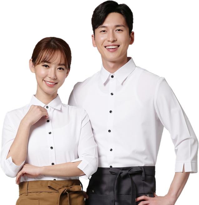 백색 스판 칠부셔츠 남녀공용 식당 레스토랑 카페 서빙 유니폼