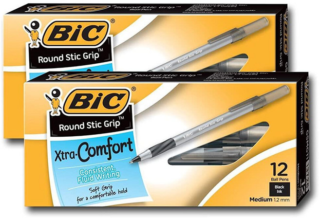 BIC 울트라 라운드 스틱 그립 볼 포인트 펜 미디엄 포인트 1.2mm 검정 잉크 24개