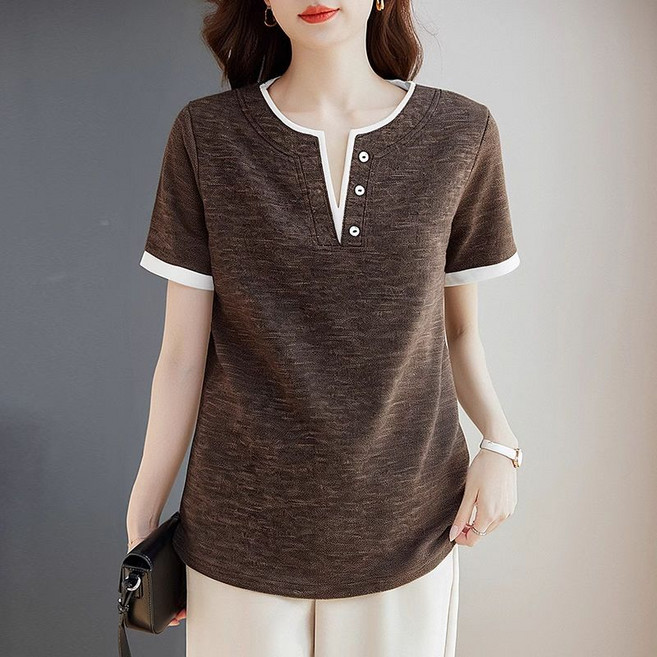 메인워크 중년 여성 빅사이즈 브이넥 반팔티셔츠 여름 엄마룩 스판 패션 시크 냉장고 루즈핏 데일리 기질 패션 하객룩 아우터 상의