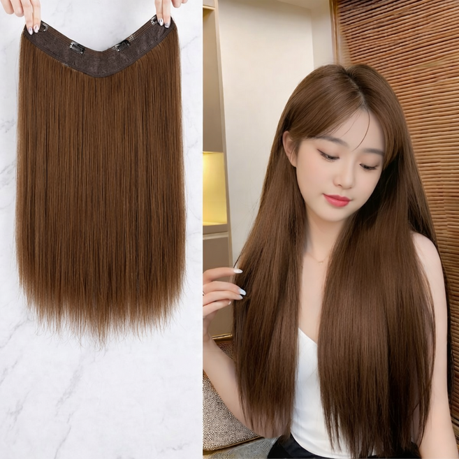 백송 감쪽 시크릿 내추럴 긴머리 부분 가발 헤어피스 단발 탈출 여성 생머리 똑딱이 셀프, 1개, 라이트브라운