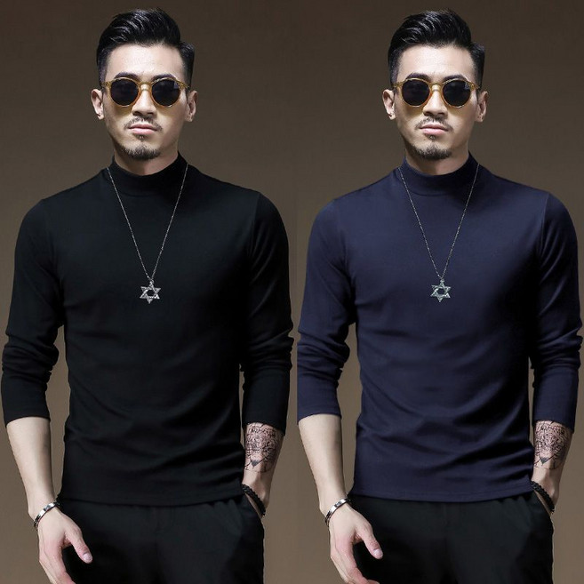 1+1 남성 반폴라 티셔츠 가을 겨울 캐주얼 솔리드 얇은 이너 긴팔 티셔츠 남자 캐주얼 슬림핏 니트 보온 상의 WMY