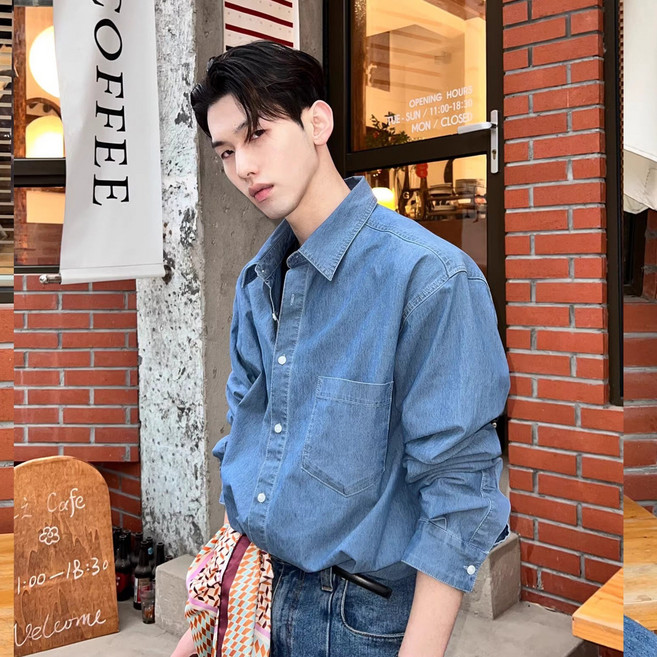 蓋澆飯高級感水洗牛仔襯衫男士長袖韓版chic秋季外套休閒寬鬆襯衣