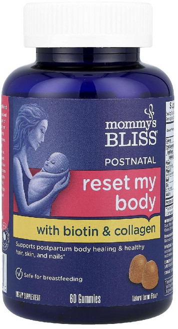 Mommys Bliss 산후 마이 바디 비오틴 및 콜라겐 함유 천연 레몬 맛 구미젤리 60개, MOM 맘my's Bliss, 산후, 재설정 마이 바디, 1개, 60정