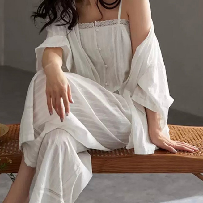 올리브 화이트 예쁜 쓰리피스 면 슬립 잠옷 로브 가운