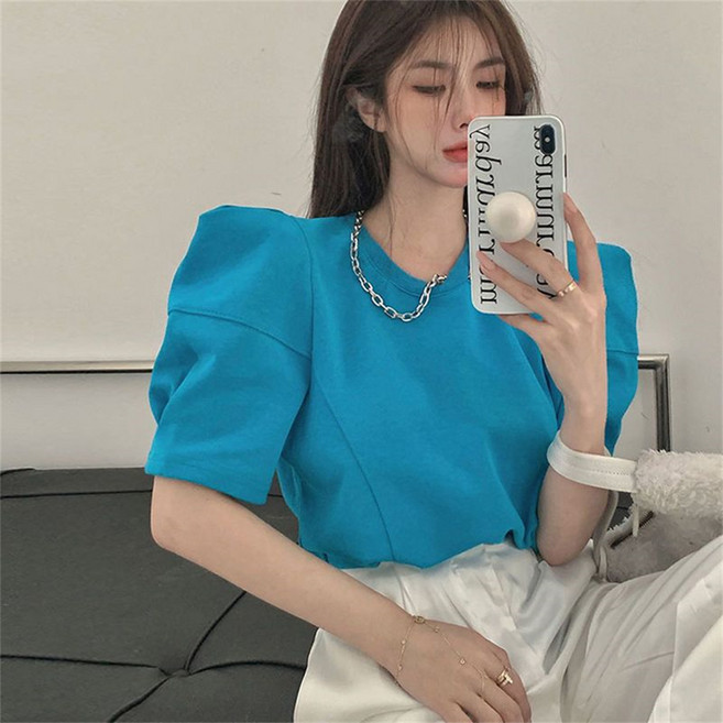 Vezri 여성 봄 가을 패션 스타일리시 퍼프 소매 티셔츠 캐주얼 심플 면 티