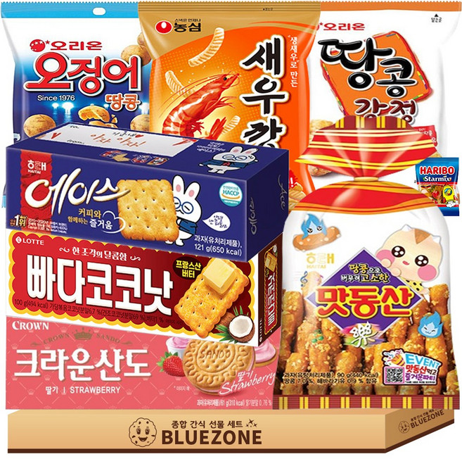 [블루존] 곽과자 봉지과자 세트 새우깡 땅콩강정 오징어땅콩 맛동산 에이스 크라운산도딸기 빠다코코낫 하스, 1박스, 혼합