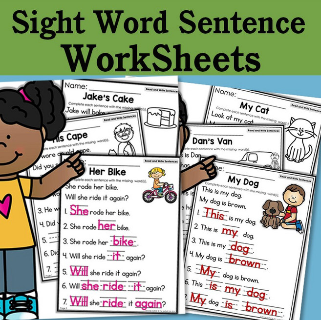 Sight Word Sentence 문장 읽기 및 쓰기 단어 보기 시 워크시트, 2 Sets 202Pages