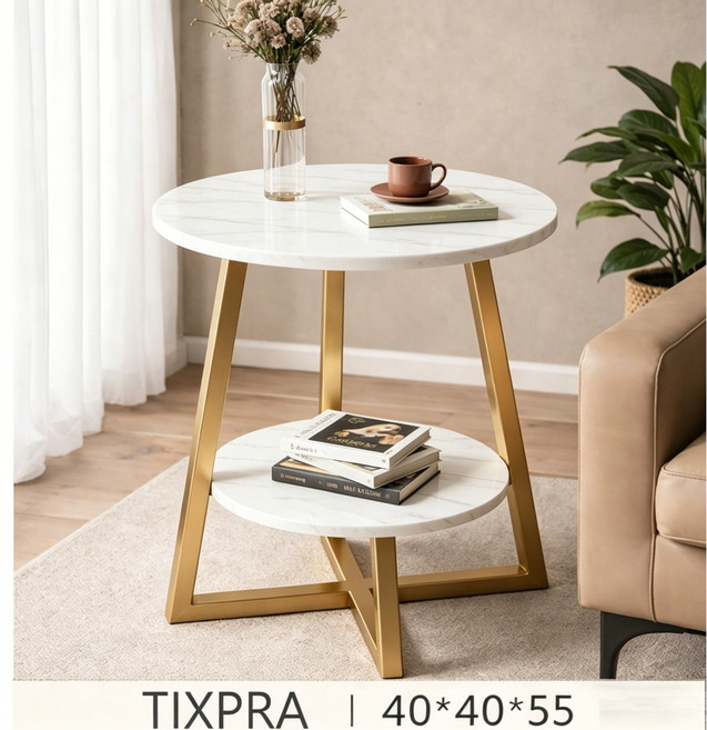 Tixpra 거실 쇼파 사이드 테이블 미니 2단 협탁, 화이트 골드